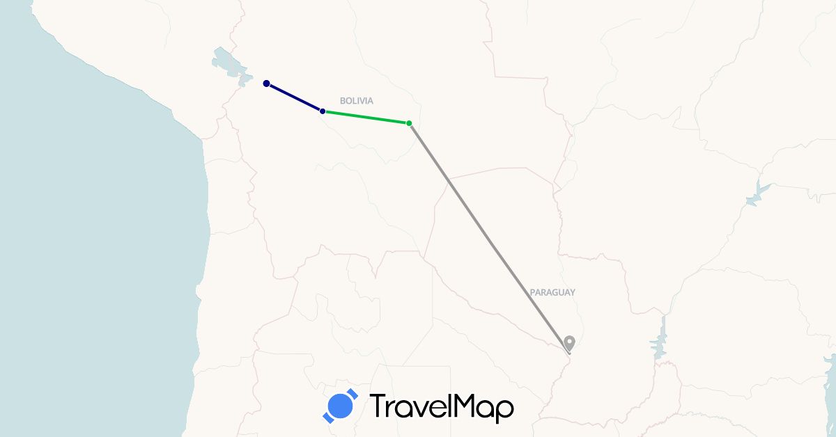 TravelMap itinerary: driving, bus, plane in Bolivia, Paraguay (South America)